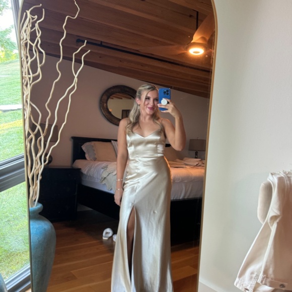 Birdy Grey Satin Champagne Bridesmaid Dress - Picture 4 of 5